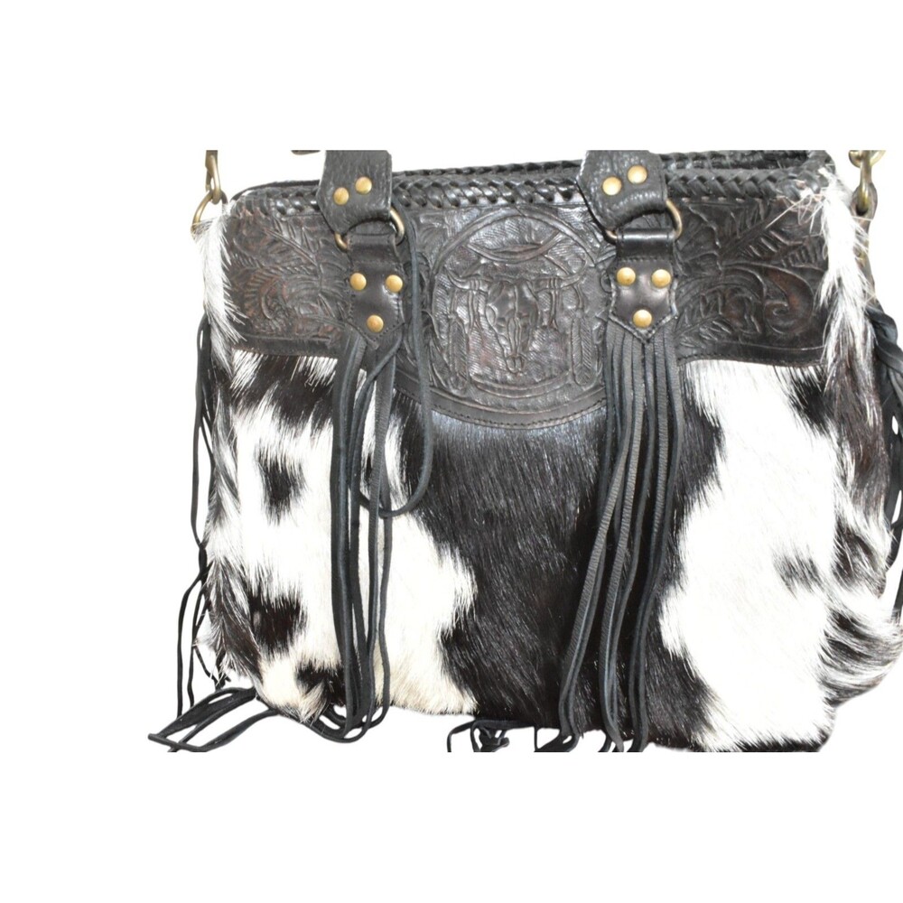 Kobler Furry Cowhide Fringed Bag Black White Tooled Leather Crossbody - Picture 4 of 12